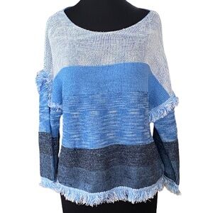 St. John wool blend fringe blue and gray striped sweater size large